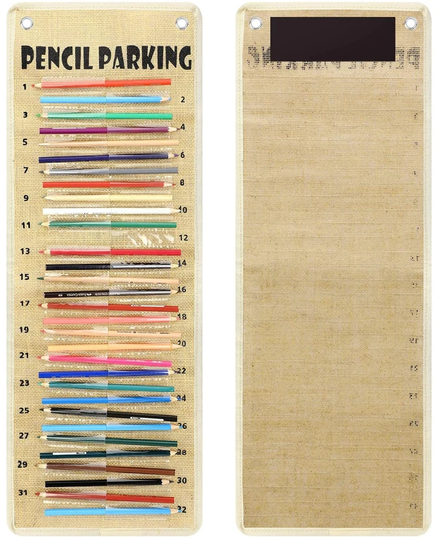 Main image of Pencil Parking Pocket Chart, Classroom Wall Organizer, Rustic Hanging Pencil Dispenser Holder, 32 Numbered Clear Slots, Magnetic Strip & Grommets, Student Back to School Supplies