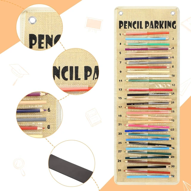Alt view image 4 of 7 - Pencil Parking Pocket Chart, Classroom Wall Organizer, Rustic Hanging Pencil Dispenser Holder, 32 Numbered Clear Slots, Magnetic Strip & Grommets, Student Back to School Supplies
