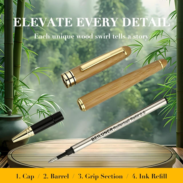 Alt view image 6 of 7 - Wood Rollerball Pen Writing Set, Elegant,Bamboo with Gold Finish Elegant Nature Nice Pen Set for Signature Executive Office Fancy Writing Supplies-Christmas Gift Boxed Extra Refills (Black)