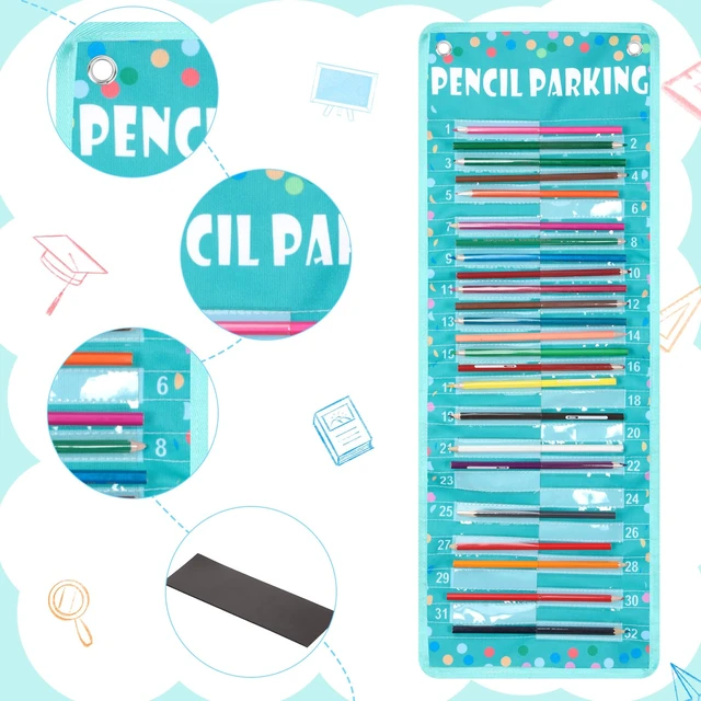 Alt view image 4 of 7 - Pencil Parking Pocket Chart, Classroom Wall Organizer, Bright Hanging Pencil Dispenser Holder, 32 Numbered Clear Slots, Magnetic Strip & Grommets, Student Back to School Supplies