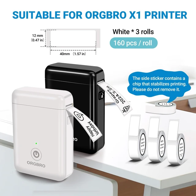 Alt view image 2 of 7 - Genuine X1 Label Maker Tape, 12×40mm, 3-Roll, White Pre-cut Thermal Labels, Easy Tear off, BPA-Free, Strong Adhesion, Water-Proof & Oil-Proof, Great for School, Office, Home