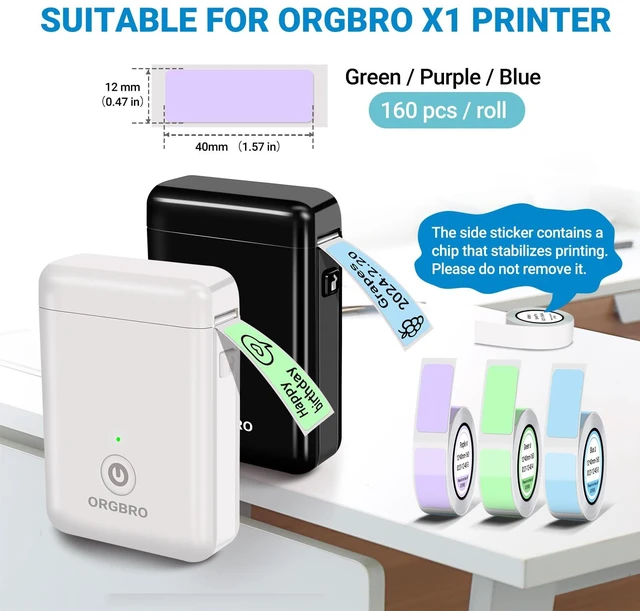 Alt view image 2 of 7 - Genuine X1 Label Maker Tape, 12×40mm, 3-Roll, Green/Purple/Blue Pre-cut Thermal Labels, Easy Tear off, BPA-Free, Strong Adhesion, Water-Proof & Oil-Proof, Great for School, Office, Home