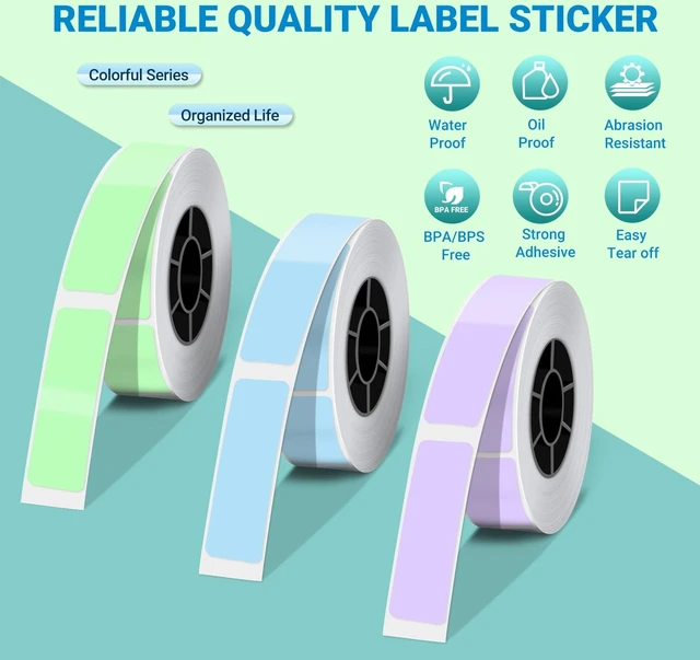 Alt view image 3 of 7 - Genuine X1 Label Maker Tape, 12×40mm, 3-Roll, Green/Purple/Blue Pre-cut Thermal Labels, Easy Tear off, BPA-Free, Strong Adhesion, Water-Proof & Oil-Proof, Great for School, Office, Home