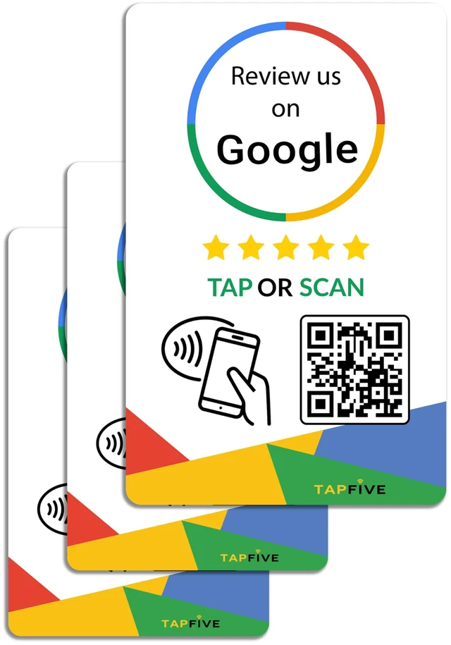 Main image of Google Review Tap Cards (3-Pack) by TapFive - Tap for Instant Reviews - All Phones Compatible - Reusable Smart Tap NFC & QR - Boost Business Reviews - Powered by TapFive (3 Card Pack)