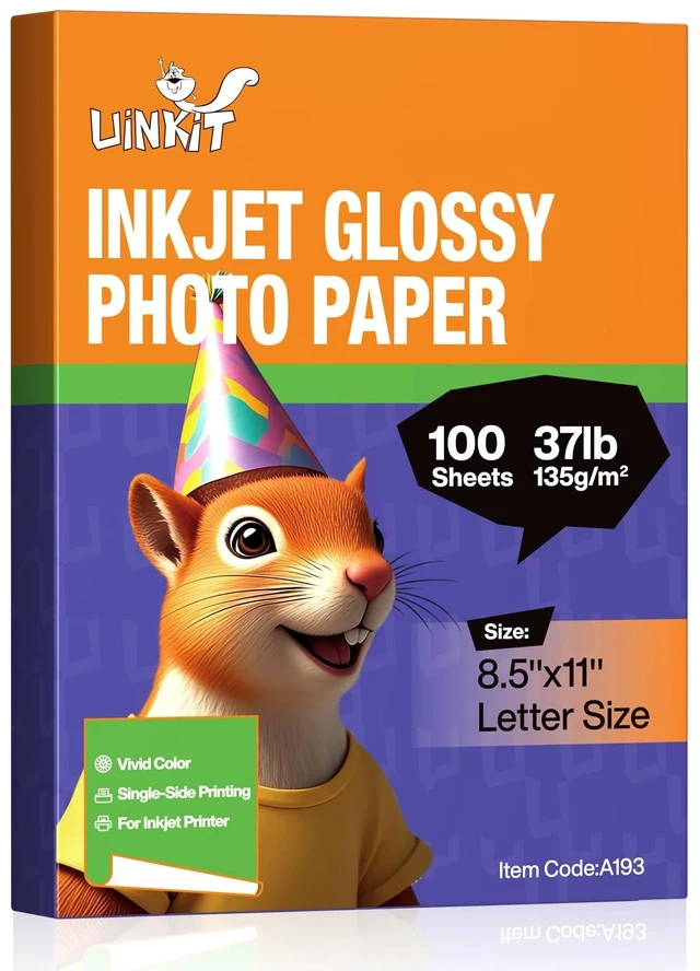 Main image of 135gsm Glossy Inkjet Flyer Paper, Single-Sided (100, 8.5x11) Lightweight 135gsm quick-dry sheets for dye ink printing, chip bags, brochures, menus, party favors, and candy wrappers