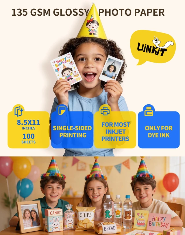 Alt view image 2 of 7 - 135gsm Glossy Inkjet Flyer Paper, Single-Sided (100, 8.5x11) Lightweight 135gsm quick-dry sheets for dye ink printing, chip bags, brochures, menus, party favors, and candy wrappers