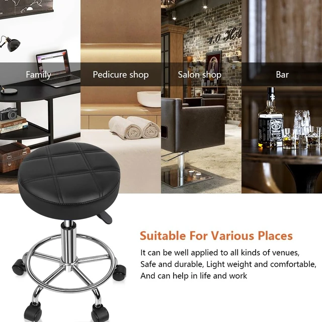 Alt view image 6 of 7 - Round Rolling Stool Chair PU Leather Height Adjustable Swivel Drafting Work SPA Shop Medical Salon Stools with Wheels Office Chair Small (Black)