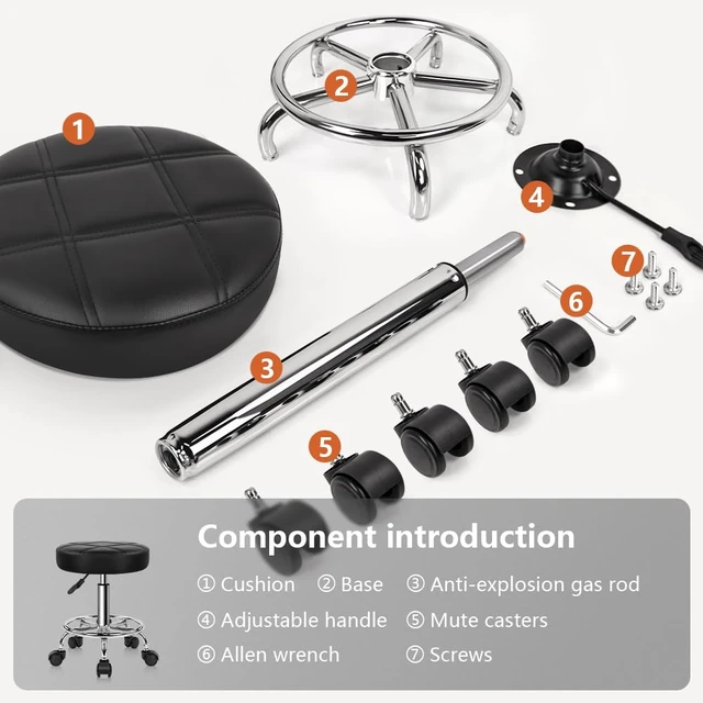 Alt view image 7 of 7 - Round Rolling Stool Chair PU Leather Height Adjustable Swivel Drafting Work SPA Shop Medical Salon Stools with Wheels Office Chair Small (Black)
