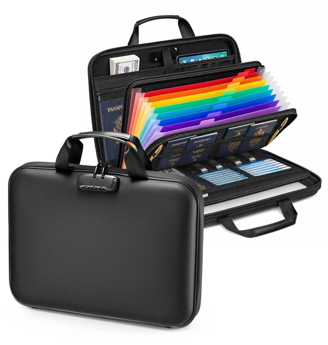 Main image of Fireproof Document Box with Lock, Hard case Fireproof File Organizer with 13 Pocket Accordion File Folders, Portable Safe Box