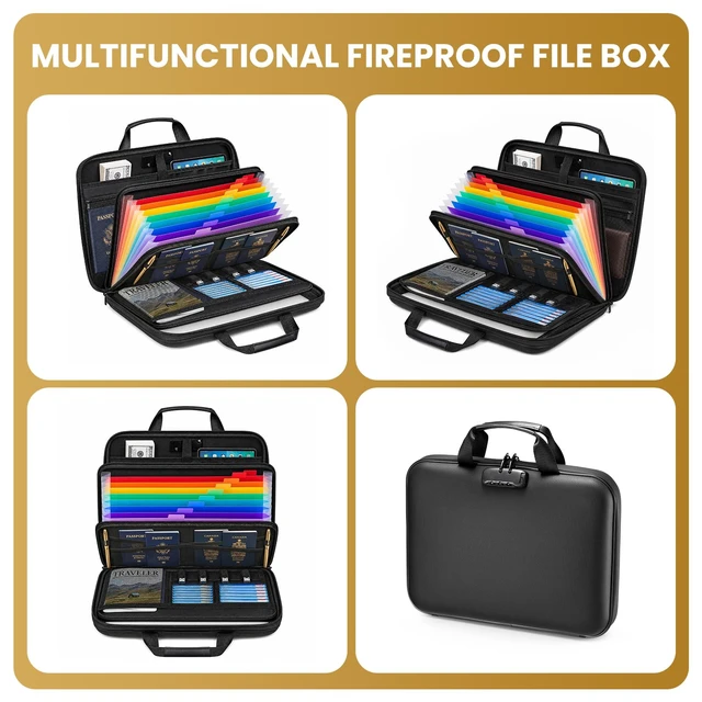 Alt view image 7 of 7 - Fireproof Document Box with Lock, Hard case Fireproof File Organizer with 13 Pocket Accordion File Folders, Portable Safe Box