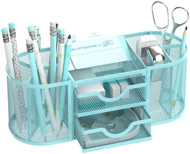 Main image of Mesh Desk Organizer, Pen Holder for Desk with 2 Drawers, Blue Desk Organizers and Accessories with 8 Compartments and 2 Drawers, Pencil Holder for Desk for Small Office Supplies