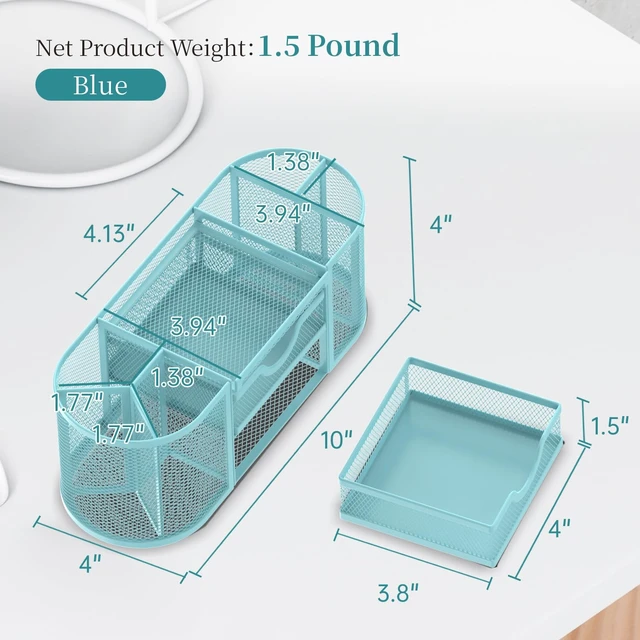 Alt view image 3 of 7 - Mesh Desk Organizer, Pen Holder for Desk with 2 Drawers, Blue Desk Organizers and Accessories with 8 Compartments and 2 Drawers, Pencil Holder for Desk for Small Office Supplies