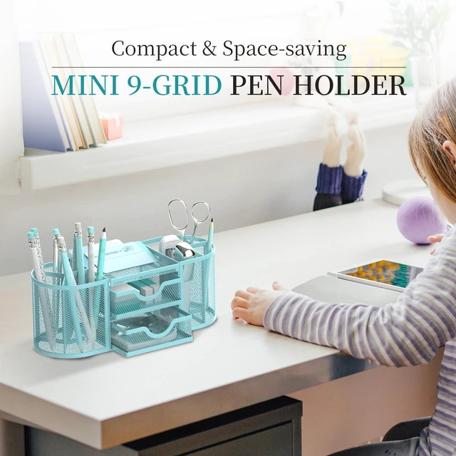 Alt view image 2 of 7 - Mesh Desk Organizer, Pen Holder for Desk with 2 Drawers, Blue Desk Organizers and Accessories with 8 Compartments and 2 Drawers, Pencil Holder for Desk for Small Office Supplies