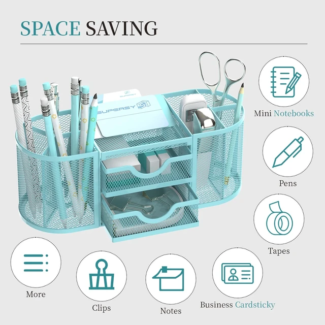 Alt view image 4 of 7 - Mesh Desk Organizer, Pen Holder for Desk with 2 Drawers, Blue Desk Organizers and Accessories with 8 Compartments and 2 Drawers, Pencil Holder for Desk for Small Office Supplies