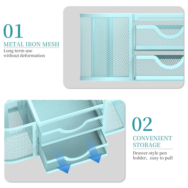 Alt view image 5 of 7 - Mesh Desk Organizer, Pen Holder for Desk with 2 Drawers, Blue Desk Organizers and Accessories with 8 Compartments and 2 Drawers, Pencil Holder for Desk for Small Office Supplies