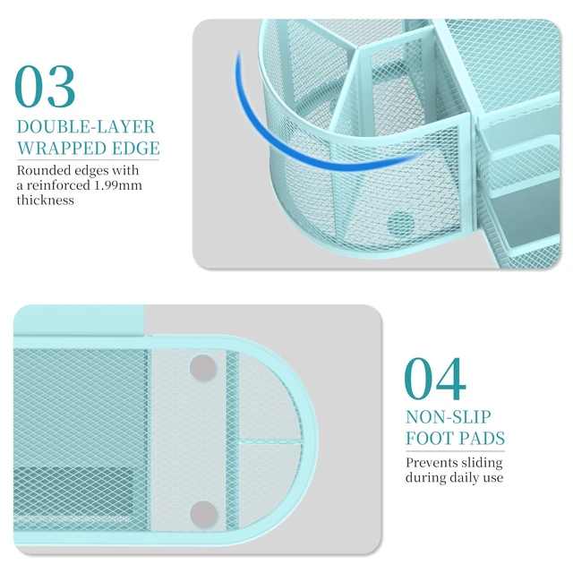 Alt view image 6 of 7 - Mesh Desk Organizer, Pen Holder for Desk with 2 Drawers, Blue Desk Organizers and Accessories with 8 Compartments and 2 Drawers, Pencil Holder for Desk for Small Office Supplies