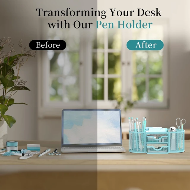 Alt view image 7 of 7 - Mesh Desk Organizer, Pen Holder for Desk with 2 Drawers, Blue Desk Organizers and Accessories with 8 Compartments and 2 Drawers, Pencil Holder for Desk for Small Office Supplies