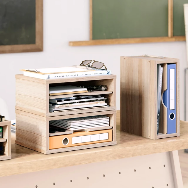 Alt view image 2 of 7 - 2-Tier Wooden Desk Organizer, Office Desk Organization, Mail Sorter, Paper Tray, File Folder Holder, Desktop Paper Organizer, Desk Organizers and Accessories, Natural Wood
