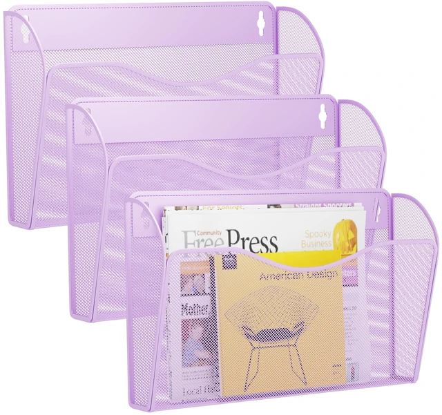 Main image of 3 Single Pocket Wall File Holder, Mesh Hanging File Folder Paper Organizer, Vertical Wall Mounted Mail Basket, Storage Organization Magazine Rack for Office, Home and School, Light Purple