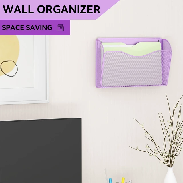 Alt view image 2 of 7 - 3 Single Pocket Wall File Holder, Mesh Hanging File Folder Paper Organizer, Vertical Wall Mounted Mail Basket, Storage Organization Magazine Rack for Office, Home and School, Light Purple