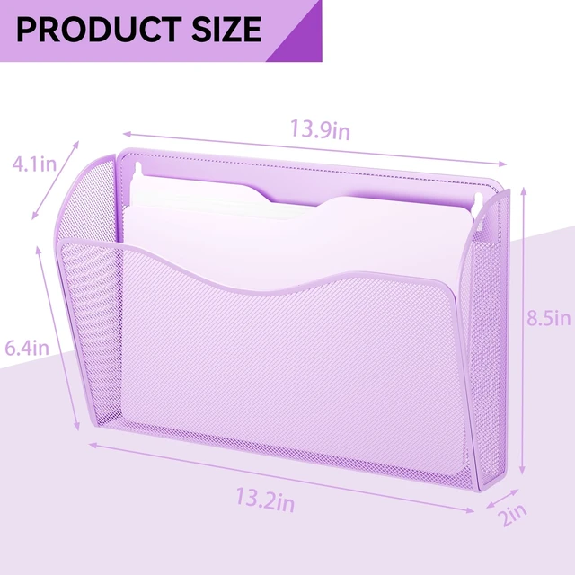 Alt view image 3 of 7 - 3 Single Pocket Wall File Holder, Mesh Hanging File Folder Paper Organizer, Vertical Wall Mounted Mail Basket, Storage Organization Magazine Rack for Office, Home and School, Light Purple