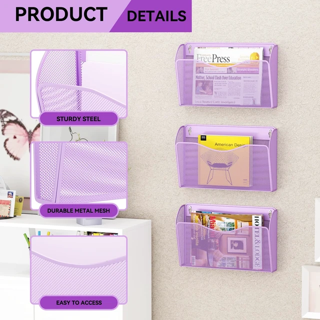 Alt view image 4 of 7 - 3 Single Pocket Wall File Holder, Mesh Hanging File Folder Paper Organizer, Vertical Wall Mounted Mail Basket, Storage Organization Magazine Rack for Office, Home and School, Light Purple