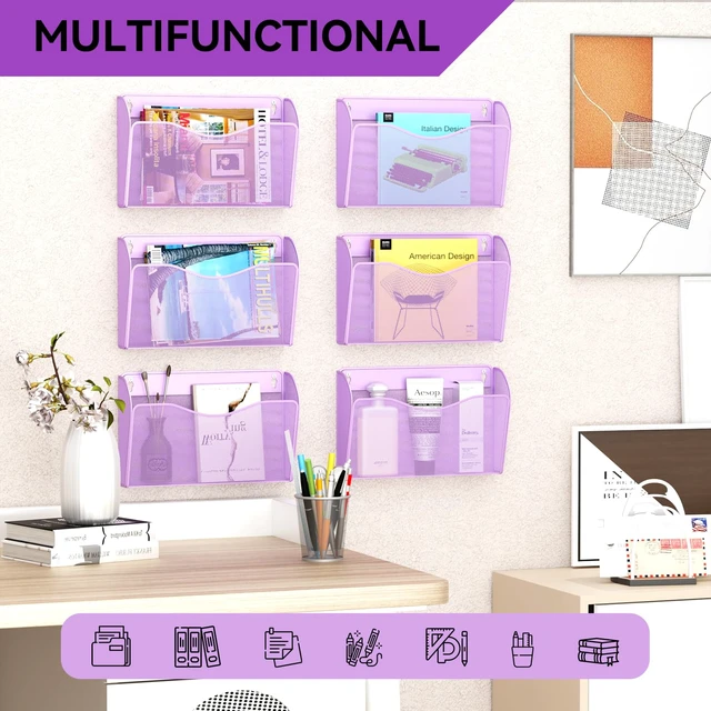Alt view image 6 of 7 - 3 Single Pocket Wall File Holder, Mesh Hanging File Folder Paper Organizer, Vertical Wall Mounted Mail Basket, Storage Organization Magazine Rack for Office, Home and School, Light Purple