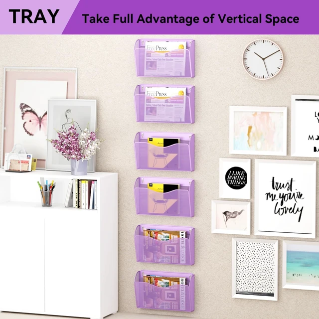 Alt view image 7 of 7 - 3 Single Pocket Wall File Holder, Mesh Hanging File Folder Paper Organizer, Vertical Wall Mounted Mail Basket, Storage Organization Magazine Rack for Office, Home and School, Light Purple