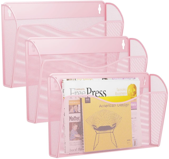 Main image of 3 Single Pocket Wall File Holder, Mesh Hanging File Folder Paper Organizer, Vertical Wall Mounted Mail Basket, Storage Organization Magazine Rack for Office, Home and School, Pink