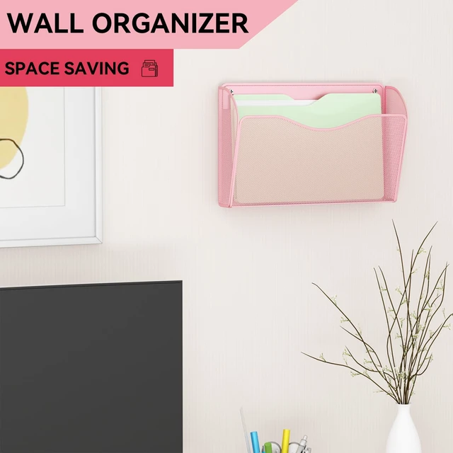 Alt view image 2 of 7 - 3 Single Pocket Wall File Holder, Mesh Hanging File Folder Paper Organizer, Vertical Wall Mounted Mail Basket, Storage Organization Magazine Rack for Office, Home and School, Pink