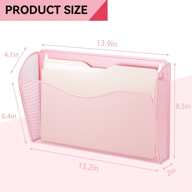 Alt view image 3 of 7 - 3 Single Pocket Wall File Holder, Mesh Hanging File Folder Paper Organizer, Vertical Wall Mounted Mail Basket, Storage Organization Magazine Rack for Office, Home and School, Pink