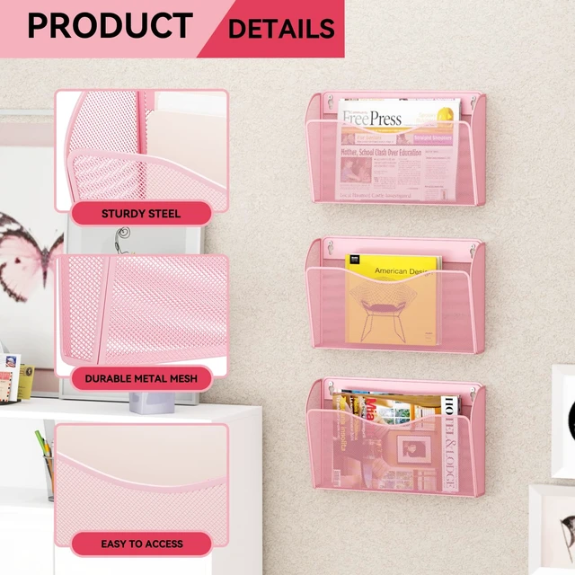 Alt view image 4 of 7 - 3 Single Pocket Wall File Holder, Mesh Hanging File Folder Paper Organizer, Vertical Wall Mounted Mail Basket, Storage Organization Magazine Rack for Office, Home and School, Pink