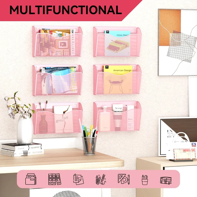 Alt view image 6 of 7 - 3 Single Pocket Wall File Holder, Mesh Hanging File Folder Paper Organizer, Vertical Wall Mounted Mail Basket, Storage Organization Magazine Rack for Office, Home and School, Pink