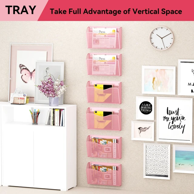 Alt view image 7 of 7 - 3 Single Pocket Wall File Holder, Mesh Hanging File Folder Paper Organizer, Vertical Wall Mounted Mail Basket, Storage Organization Magazine Rack for Office, Home and School, Pink