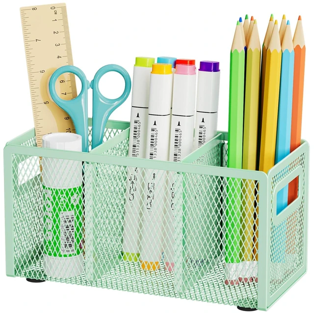 Main image of Mesh Pen Holder for Desk, Pencil Holder Desk Organizer 3 Adjustable Compartments, Pencil Cup with Handle Perfect for Classroom, Office, Home, Makeup, Art (Green)