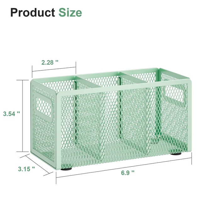 Alt view image 2 of 6 - Mesh Pen Holder for Desk, Pencil Holder Desk Organizer 3 Adjustable Compartments, Pencil Cup with Handle Perfect for Classroom, Office, Home, Makeup, Art (Green)