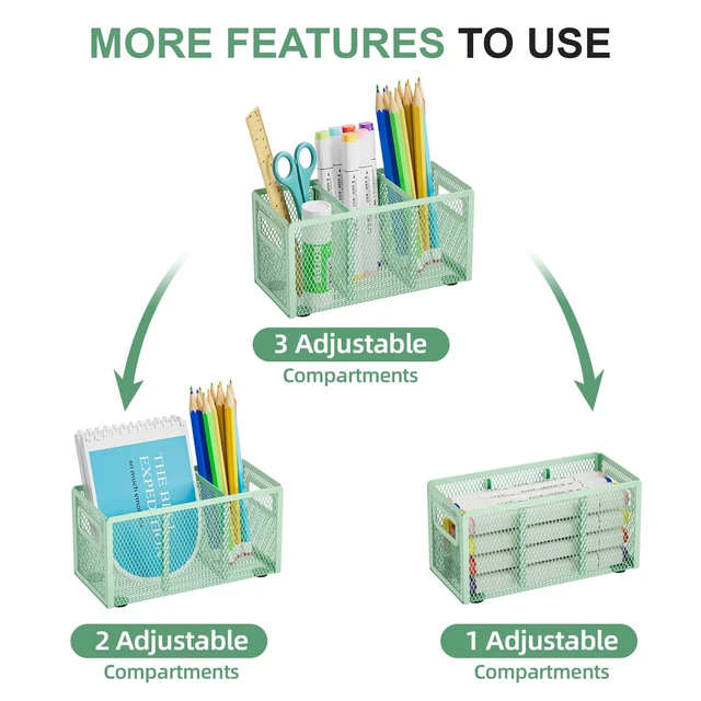 Alt view image 3 of 6 - Mesh Pen Holder for Desk, Pencil Holder Desk Organizer 3 Adjustable Compartments, Pencil Cup with Handle Perfect for Classroom, Office, Home, Makeup, Art (Green)