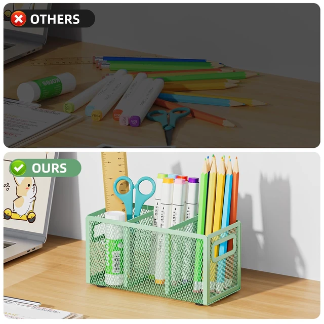 Alt view image 5 of 6 - Mesh Pen Holder for Desk, Pencil Holder Desk Organizer 3 Adjustable Compartments, Pencil Cup with Handle Perfect for Classroom, Office, Home, Makeup, Art (Green)