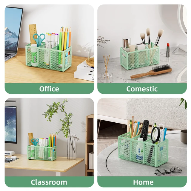Alt view image 6 of 6 - Mesh Pen Holder for Desk, Pencil Holder Desk Organizer 3 Adjustable Compartments, Pencil Cup with Handle Perfect for Classroom, Office, Home, Makeup, Art (Green)