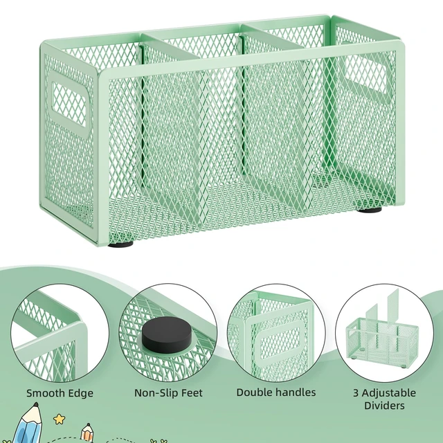 Alt view image 4 of 6 - Mesh Pen Holder for Desk, Pencil Holder Desk Organizer 3 Adjustable Compartments, Pencil Cup with Handle Perfect for Classroom, Office, Home, Makeup, Art (Green)