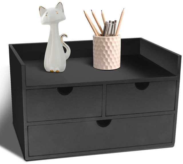 Main image of Bamboo Desk Organizer 3 Drawer with Shelf, Countertop Organizer with Drawers Makeup Storage Drawer 3 Drawers Tabletop Storage Organization Box Home Office WorkspaceBlack