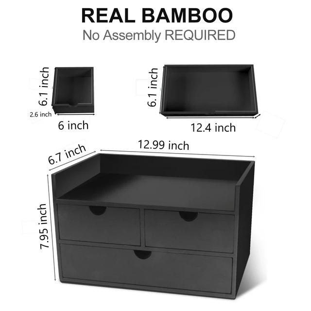 Alt view image 2 of 7 - Bamboo Desk Organizer 3 Drawer with Shelf, Countertop Organizer with Drawers Makeup Storage Drawer 3 Drawers Tabletop Storage Organization Box Home Office WorkspaceBlack