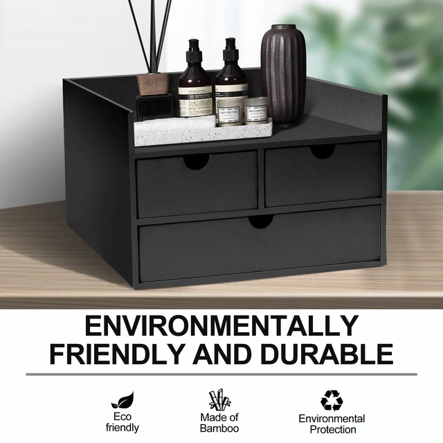 Alt view image 4 of 7 - Bamboo Desk Organizer 3 Drawer with Shelf, Countertop Organizer with Drawers Makeup Storage Drawer 3 Drawers Tabletop Storage Organization Box Home Office WorkspaceBlack