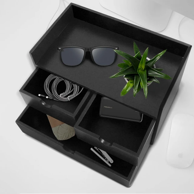 Alt view image 7 of 7 - Bamboo Desk Organizer 3 Drawer with Shelf, Countertop Organizer with Drawers Makeup Storage Drawer 3 Drawers Tabletop Storage Organization Box Home Office WorkspaceBlack