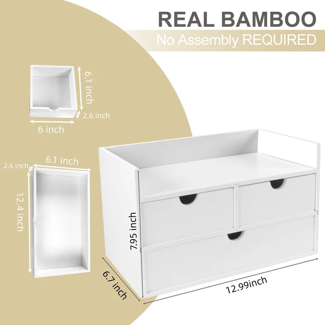 Alt view image 2 of 7 - Bamboo Desk Organizer with 3 Drawers, Countertop Organizer with Drawers Makeup Storage Drawer 3 Drawer Tabletop Storage Organization Box Home Office WorkspaceWhite