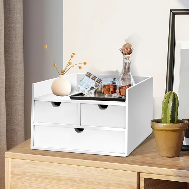Alt view image 3 of 7 - Bamboo Desk Organizer 3 Drawer with Shelf, Countertop Organizer with Drawers Makeup Storage Drawer 3 Drawers Tabletop Storage Organization Box Home Office WorkspaceWhite
