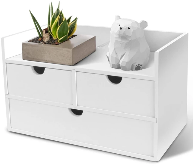 Main image of Bamboo Desk Organizer 3 Drawer with Shelf, Countertop Organizer with Drawers Makeup Storage Drawer 3 Drawers Tabletop Storage Organization Box Home Office WorkspaceWhite