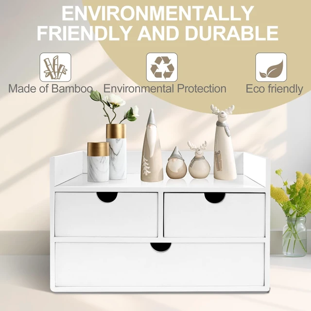 Alt view image 4 of 7 - Bamboo Desk Organizer 3 Drawer with Shelf, Countertop Organizer with Drawers Makeup Storage Drawer 3 Drawers Tabletop Storage Organization Box Home Office WorkspaceWhite