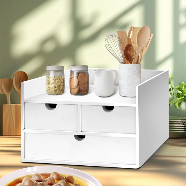 Alt view image 5 of 7 - Bamboo Desk Organizer 3 Drawer with Shelf, Countertop Organizer with Drawers Makeup Storage Drawer 3 Drawers Tabletop Storage Organization Box Home Office WorkspaceWhite
