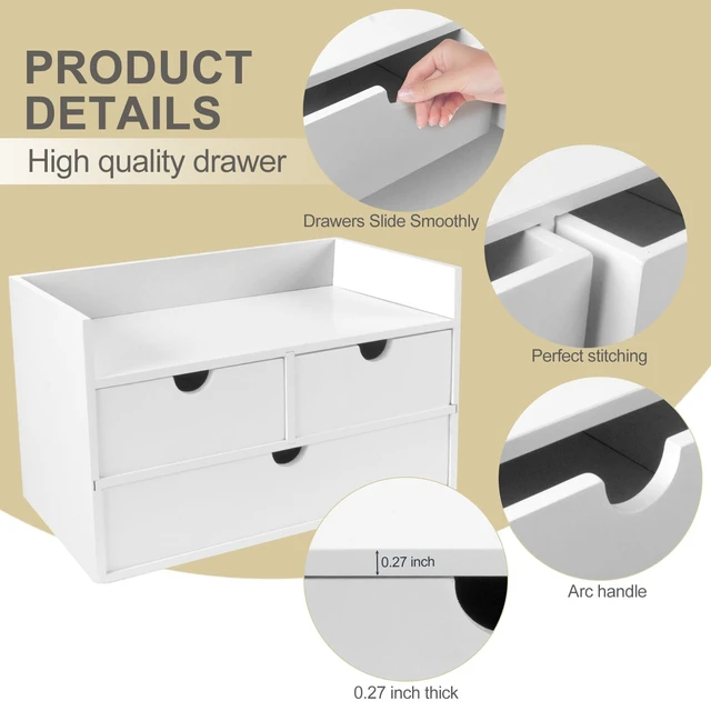 Alt view image 6 of 7 - Bamboo Desk Organizer 3 Drawer with Shelf, Countertop Organizer with Drawers Makeup Storage Drawer 3 Drawers Tabletop Storage Organization Box Home Office WorkspaceWhite